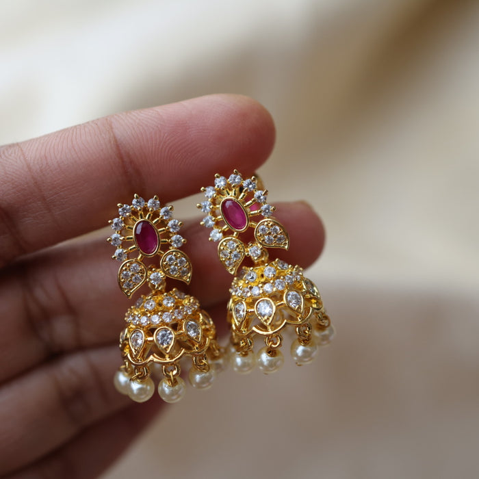 Heritage gold plated ruby white stone jumka earrings HJ0490