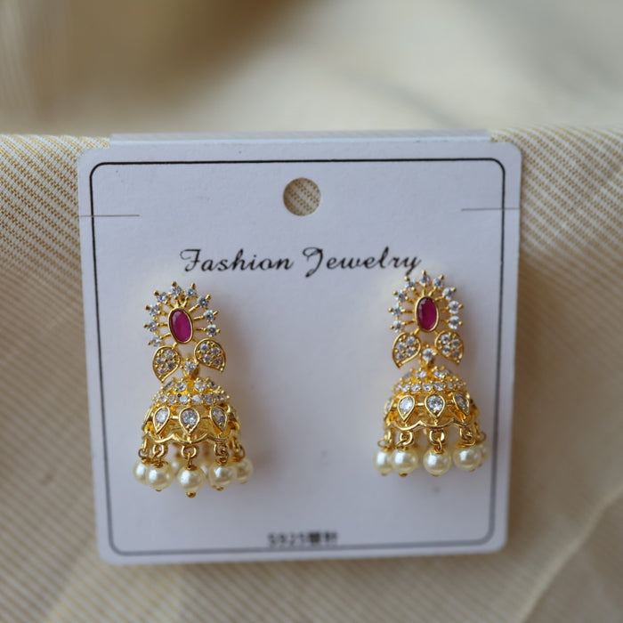 Heritage gold plated ruby white stone jumka earrings HJ0490