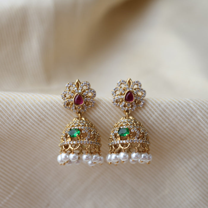 Antique gold multi stone and pearls jumka earrings AJ214