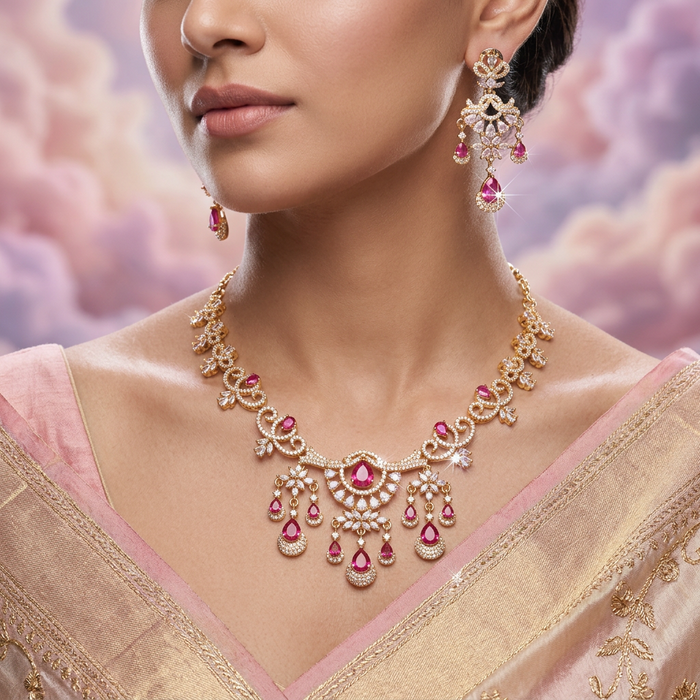 Heritage gold plated ruby white stone short necklace H793