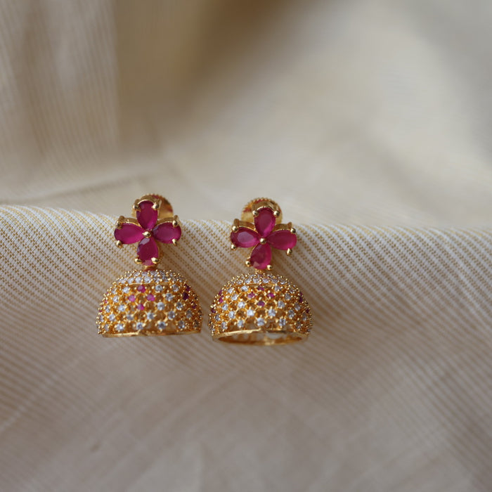 Heritage gold plated ruby white stone small jumka earrings HJ209