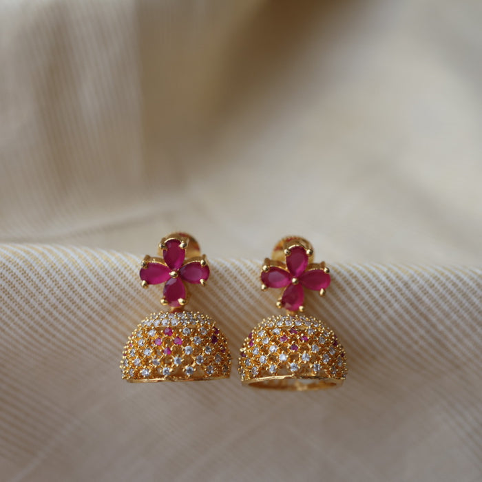 Heritage gold plated ruby white stone small jumka earrings HJ209