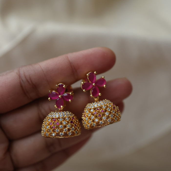 Heritage gold plated ruby white stone small jumka earrings HJ209