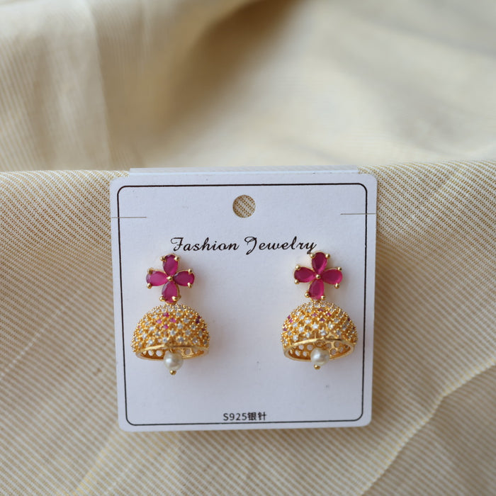 Heritage gold plated ruby white stone small jumka earrings HJ209
