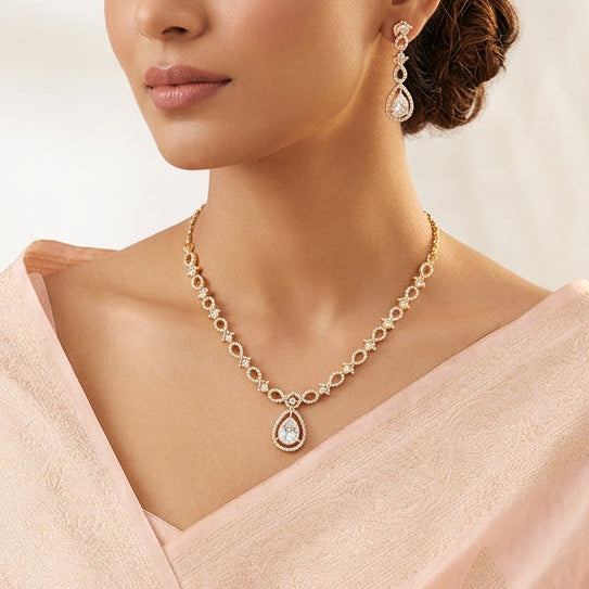 Heritage gold plated white stone short necklace with earrings H2333