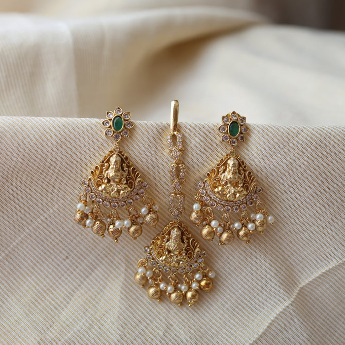 Antique temple design drop earrings and tikka AD2901
