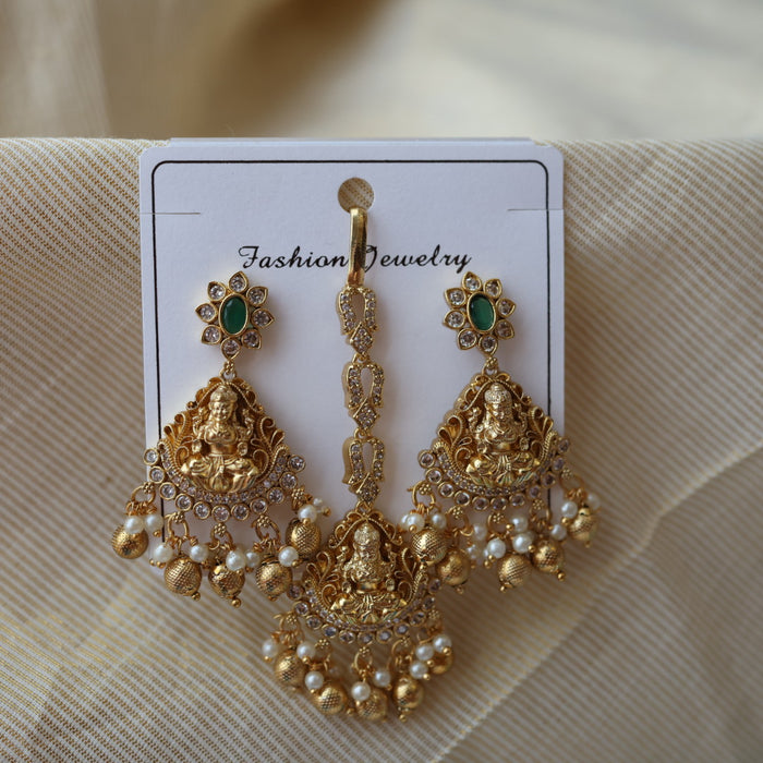 Antique temple design drop earrings and tikka AD2901