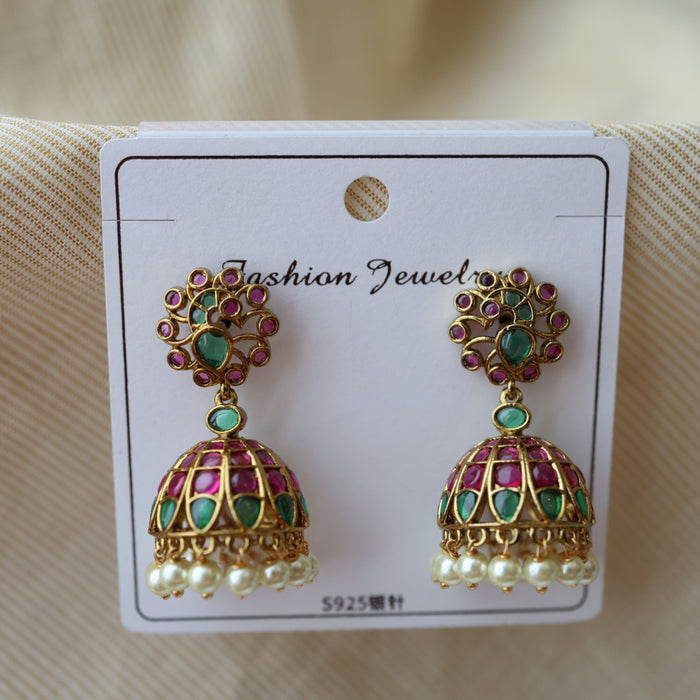 Antique ruby green stone jumka earring AJ27