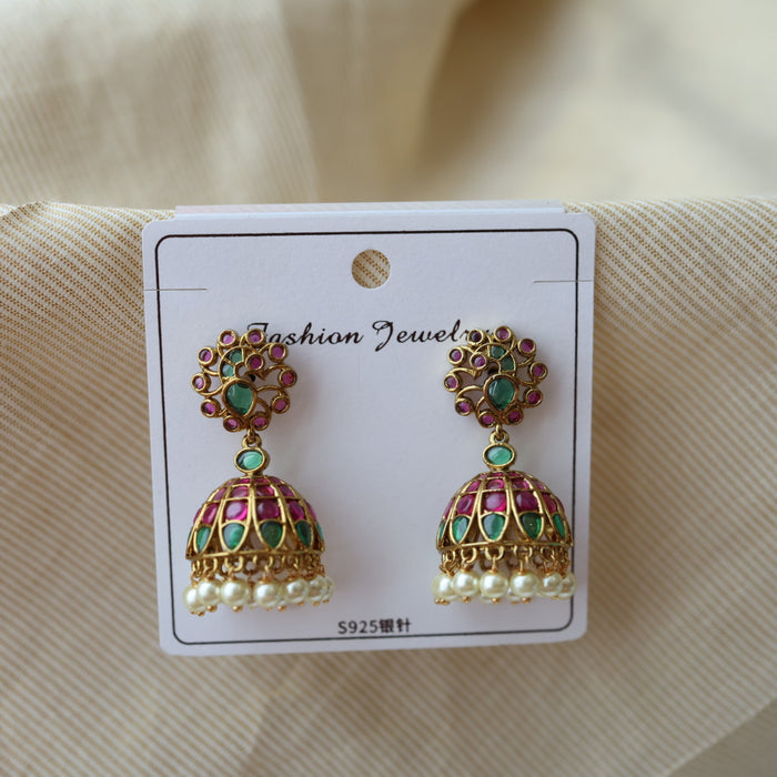 Antique ruby green stone jumka earring AJ27