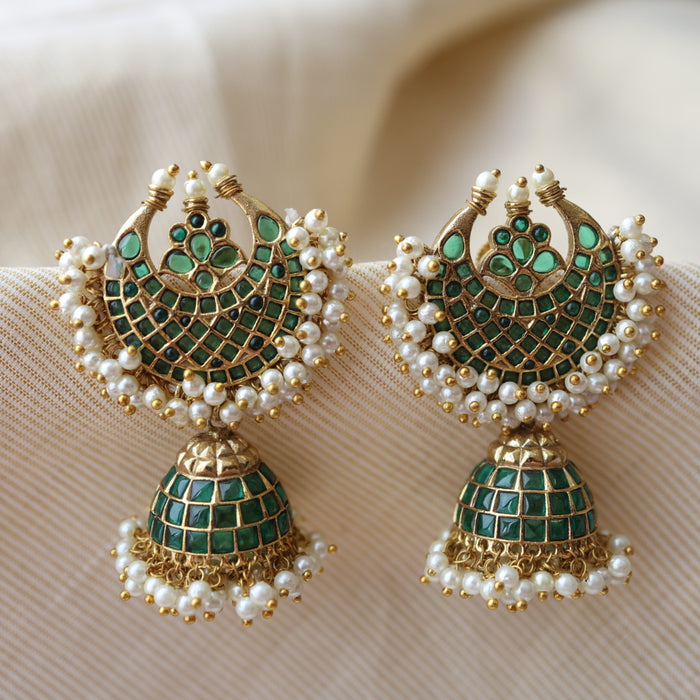 Antique green stone and pearl jumka earring AJ5466