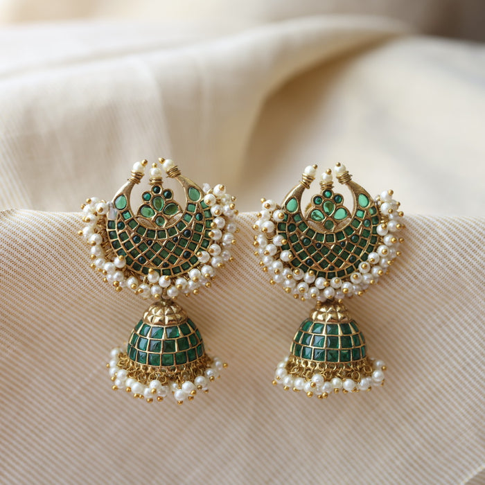 Antique green stone and pearl jumka earring AJ5466
