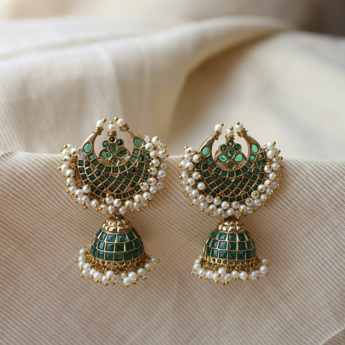 Antique green stone and pearl jumka earring AJ5466