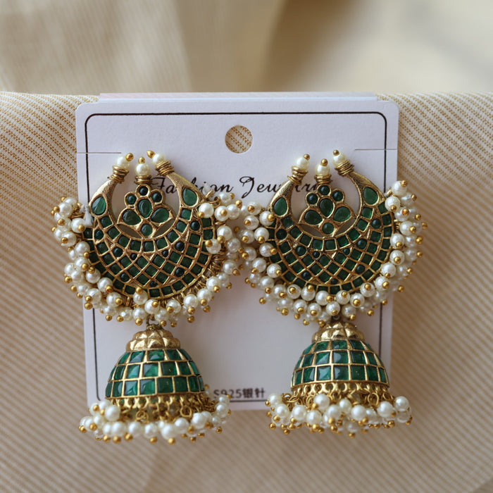Antique green stone and pearl jumka earring AJ5466