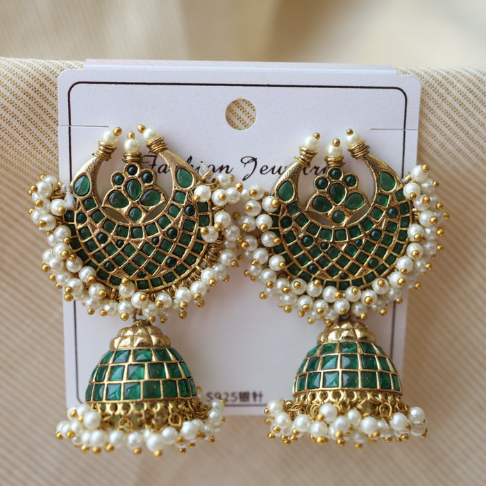 Antique green stone and pearl jumka earring AJ5466
