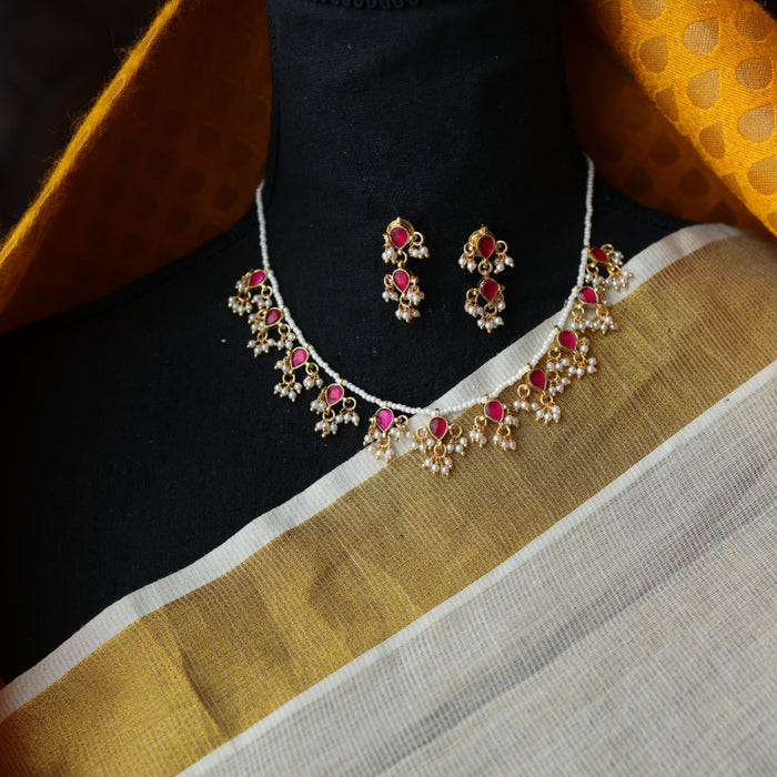 Invisible chain kundan stone short necklace with earrings IN105