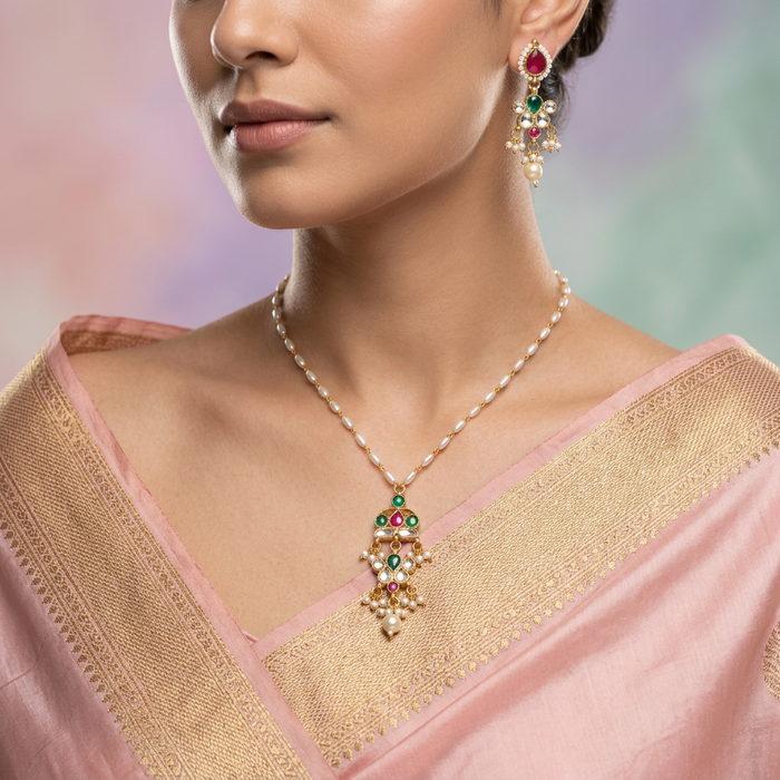 Invisible chain kundan stone short necklace with earrings IN106