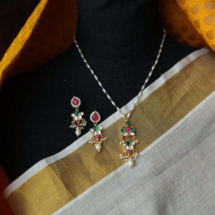 Invisible chain kundan stone short necklace with earrings IN106