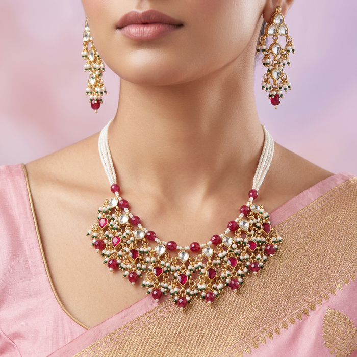 Invisible chain kundan stone short necklace with earrings IN106