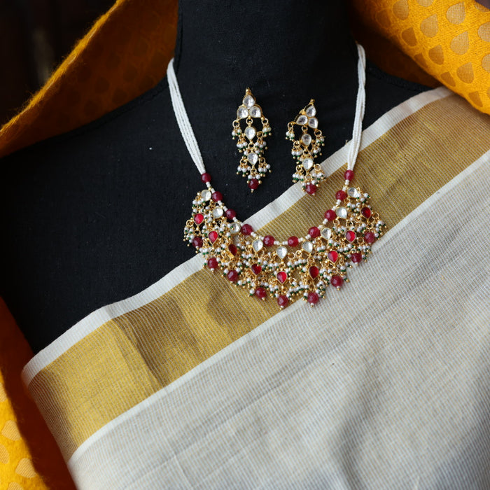 Invisible chain kundan stone short necklace with earrings IN106