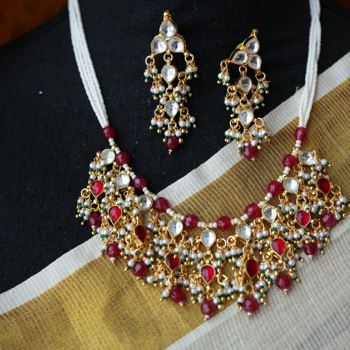Invisible chain kundan stone short necklace with earrings IN106