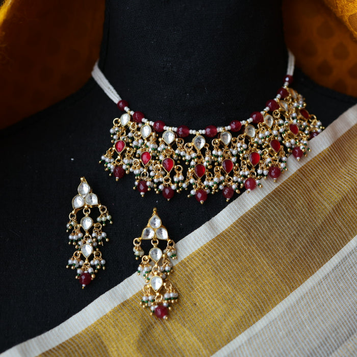 Invisible chain kundan stone short necklace with earrings IN106
