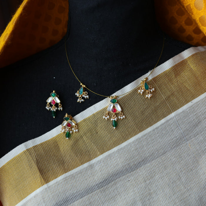Invisible chain kundan stone short necklace with earrings IN107