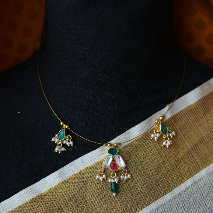 Invisible chain kundan stone short necklace with earrings IN107