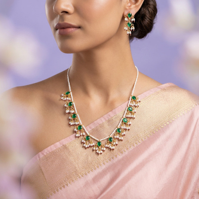 Invisible chain kundan stone short necklace with earrings IN108