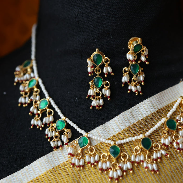 Invisible chain kundan stone short necklace with earrings IN108