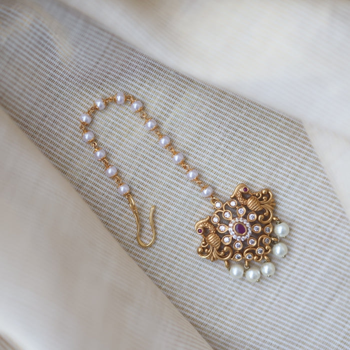 Antique gold ruby white stone maang tikka TA500