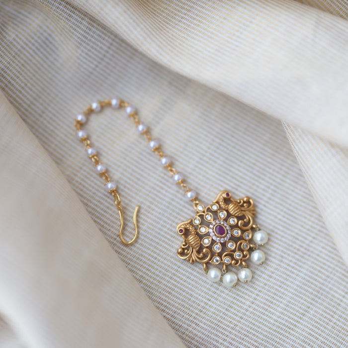 Antique gold ruby white stone maang tikka TA500