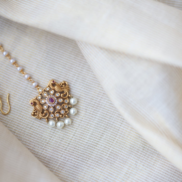 Antique gold ruby white stone maang tikka TA500