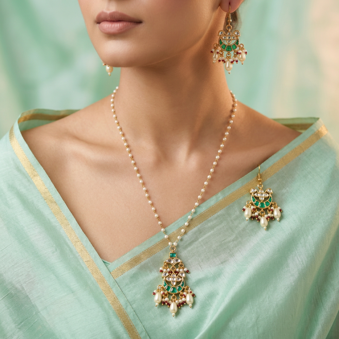 Invisible chain kundan stone short necklace with earrings IN109