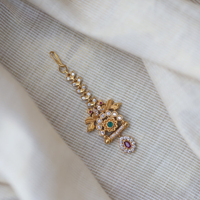 Antique gold ruby white stone maang tikka TA501