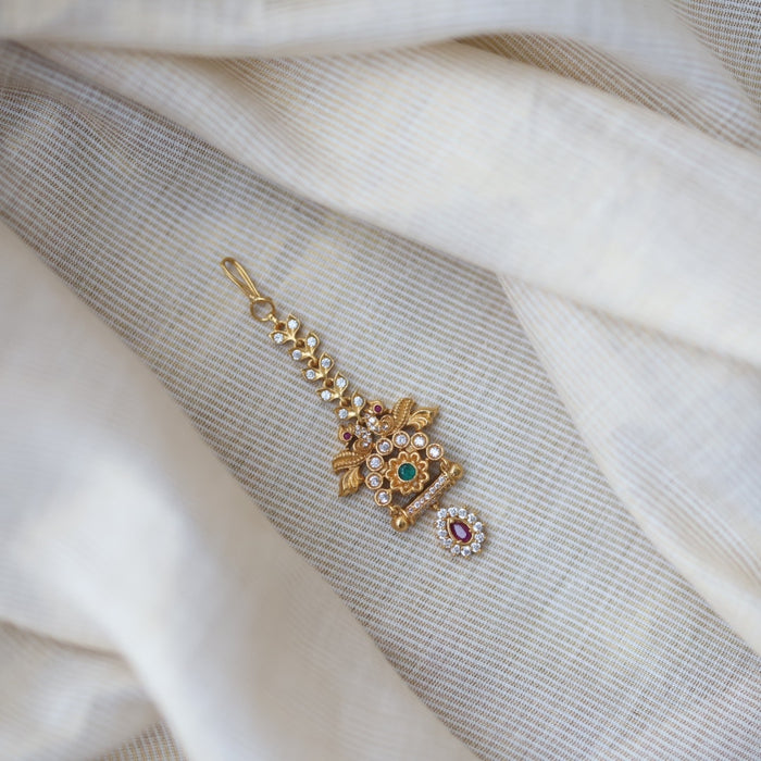 Antique gold ruby white stone maang tikka TA501