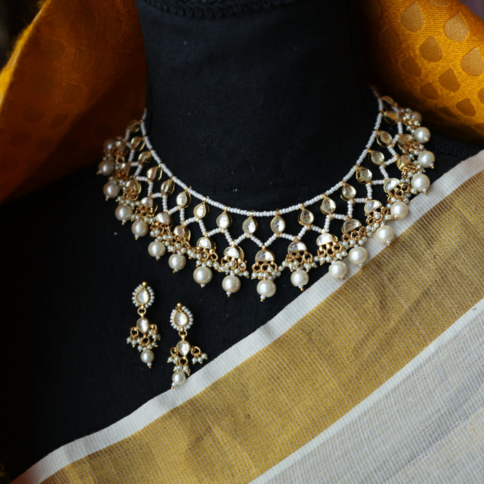 Invisible chain kundan stone short necklace with earrings IN110