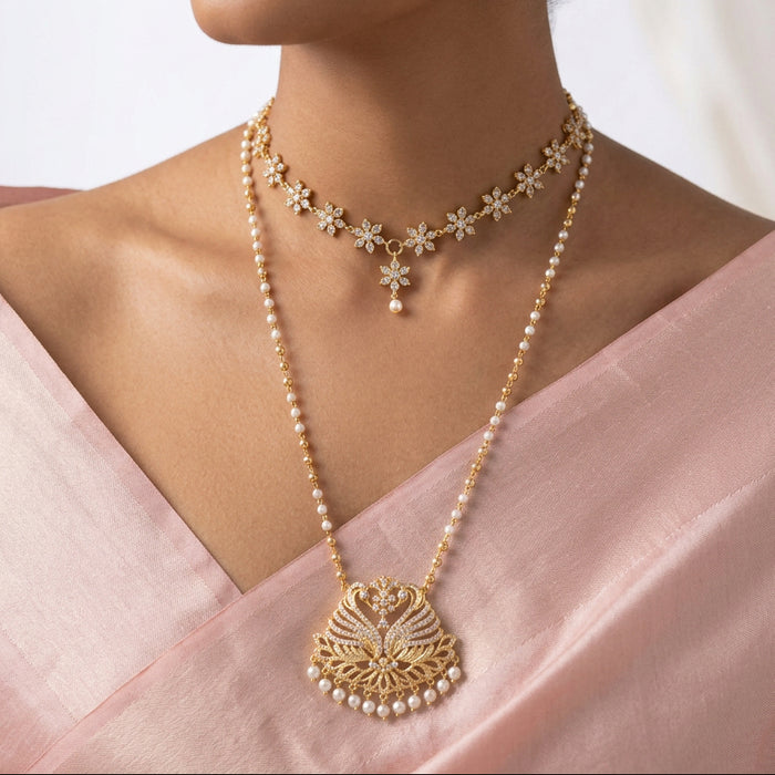 eritage gold plated padakam long and short necklace set HPS897
