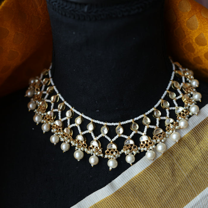 Invisible chain kundan stone short necklace with earrings IN110