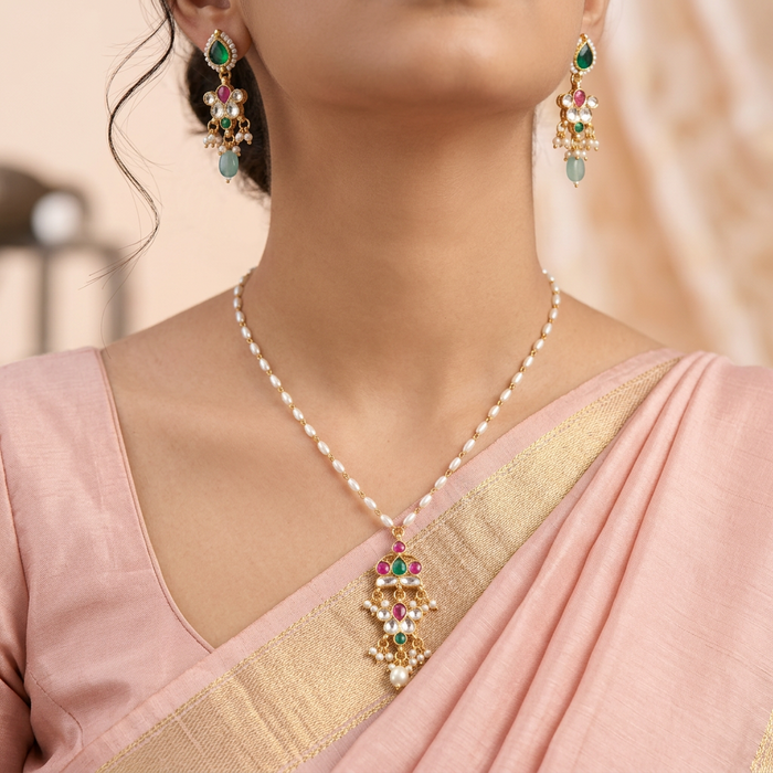 Invisible chain kundan stone short necklace with earrings IN114