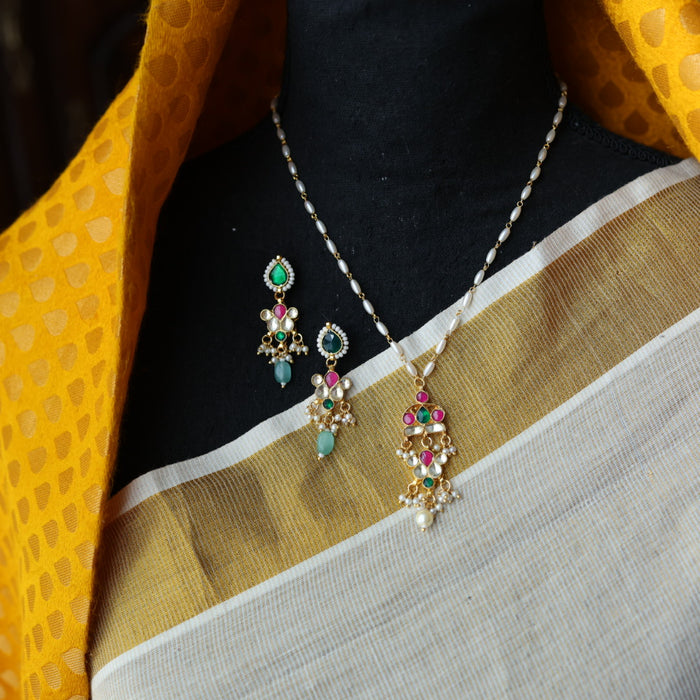 Invisible chain kundan stone short necklace with earrings IN114