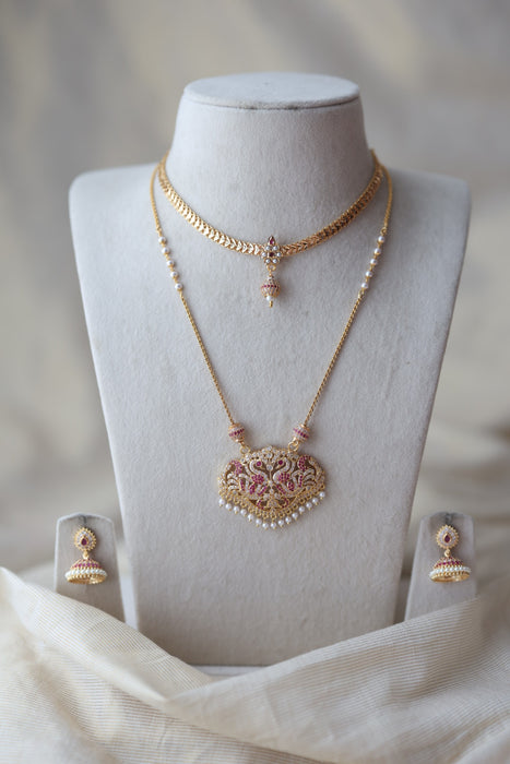 Heritage gold plated padakam long and short necklace set HPS688