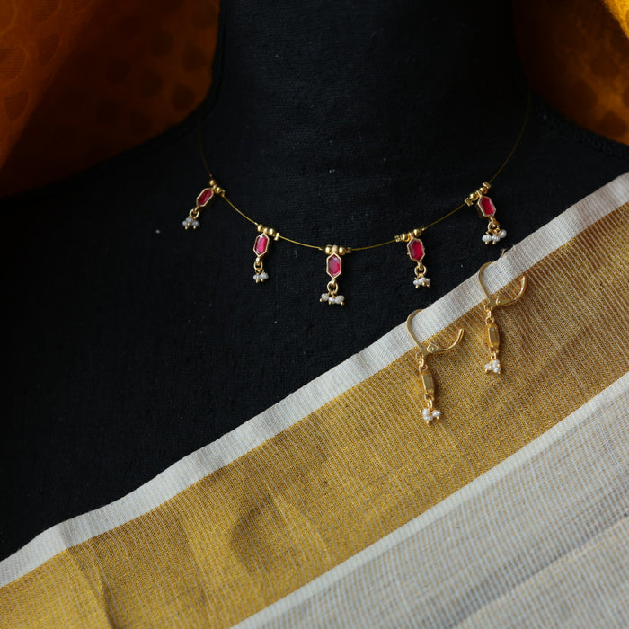 Invisible chain kundan stone short necklace with earrings IN116