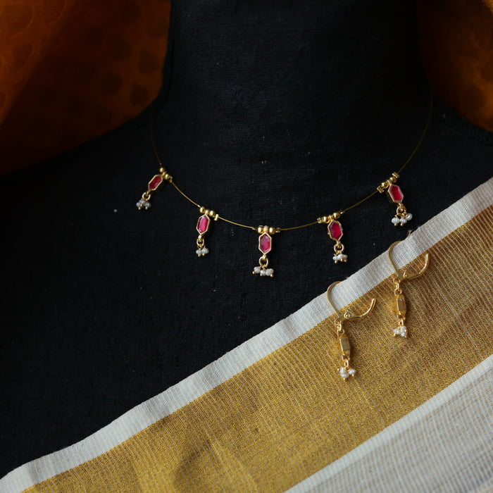Invisible chain kundan stone short necklace with earrings IN116
