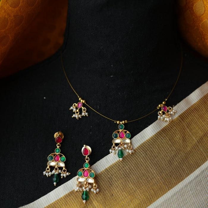 Invisible chain kundan stone short necklace with earrings IN117