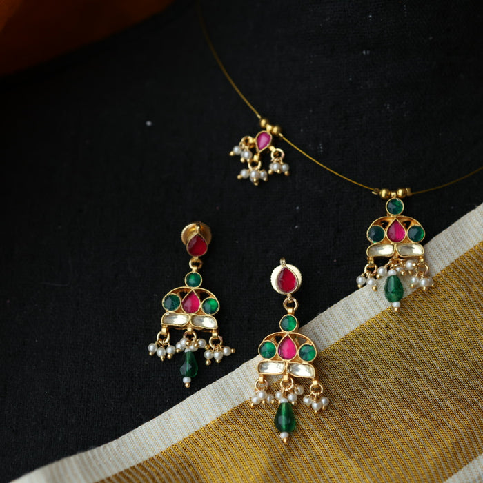Invisible chain kundan stone short necklace with earrings IN117