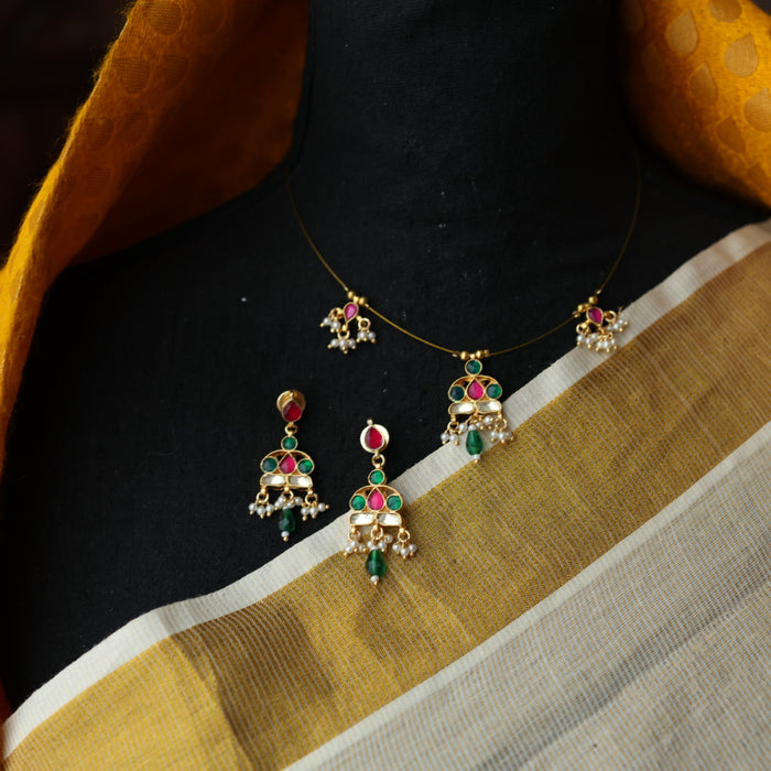Invisible chain kundan stone short necklace with earrings IN117