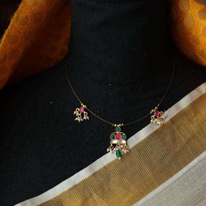 Invisible chain kundan stone short necklace with earrings IN117