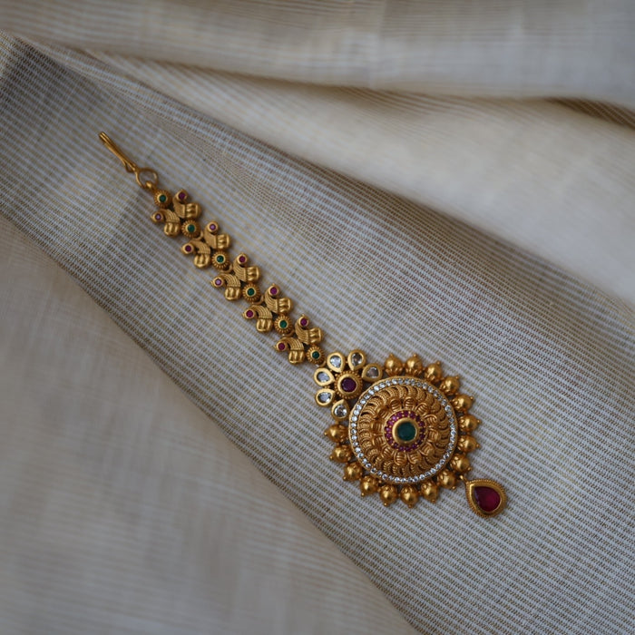 Antique gold ruby white stone maang tikka TA509