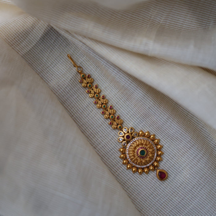 Antique gold ruby white stone maang tikka TA509