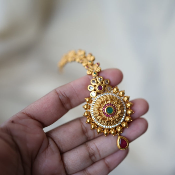 Antique gold ruby white stone maang tikka TA509